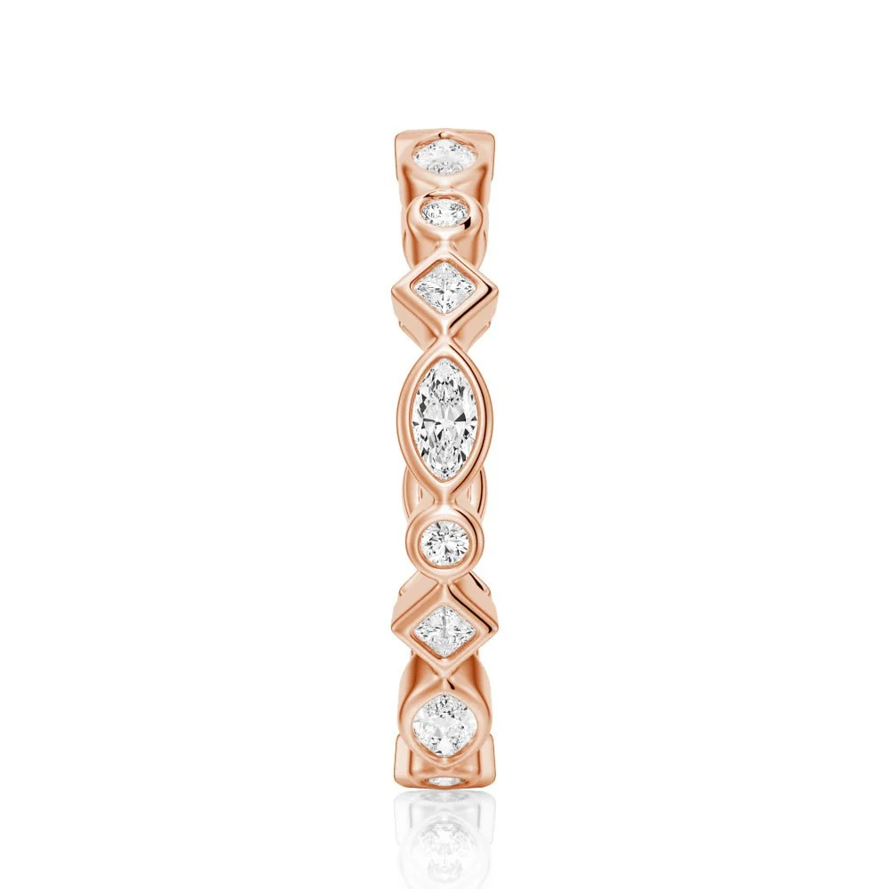 Top view detail showing alternating round marquise princess moissanite in rose gold color