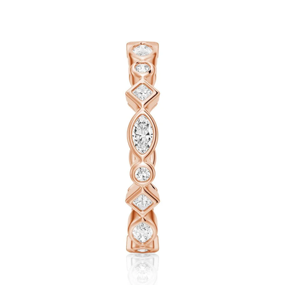 Top view detail showing alternating round marquise princess moissanite in rose gold color