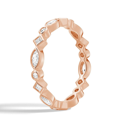 Three-quarter perspective view of multi-shape bezel moissanite wedding band in rose gold color