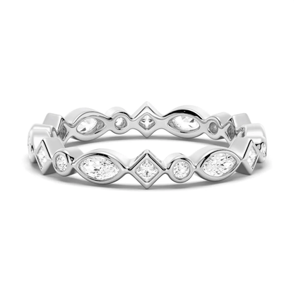 NOVELLE VOW front view of multi-shape bezel round marquise princess moissanite eternity band in white gold color