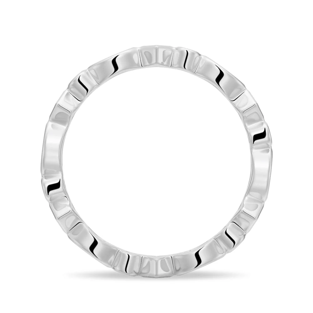 Side profile view of multi-shape bezel moissanite eternity band in yellow gold color
