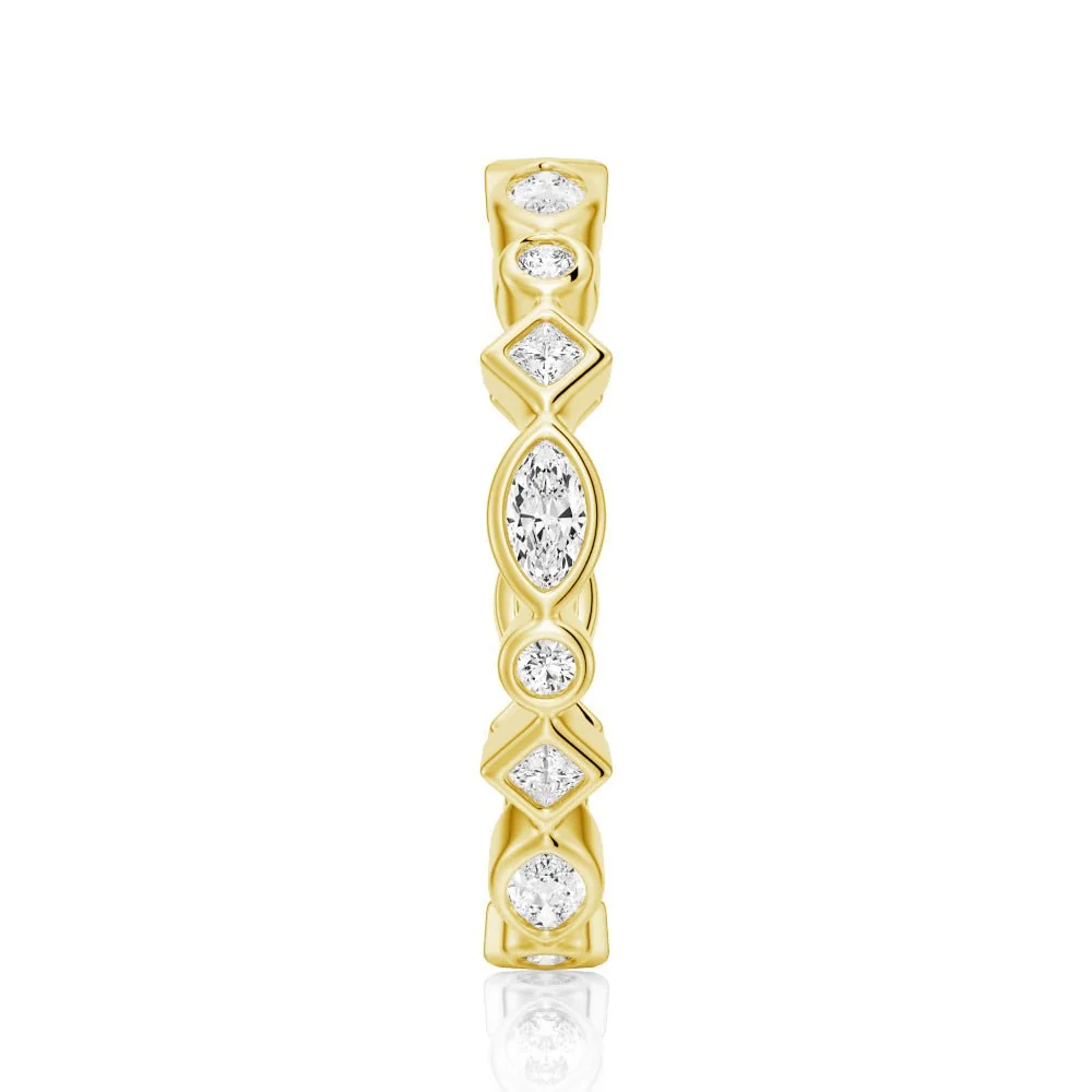 Top view detail showing alternating round marquise princess moissanite in yellow gold color