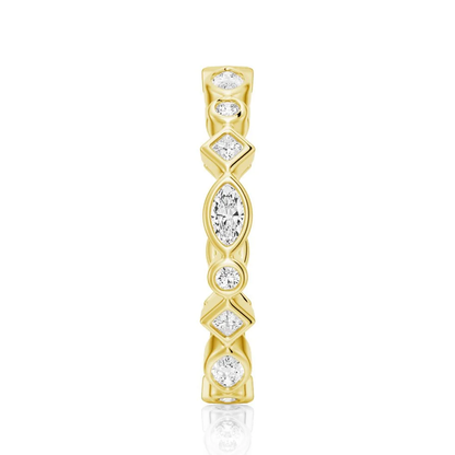 Top view detail showing alternating round marquise princess moissanite in yellow gold color
