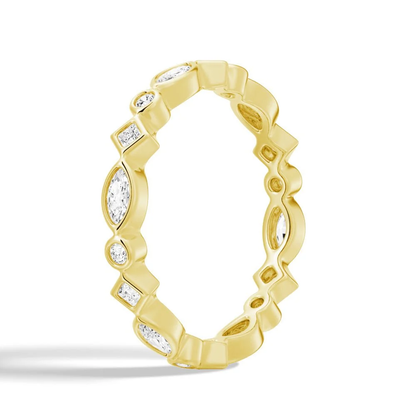 Three-quarter perspective view of multi-shape bezel moissanite wedding band in yellow gold color