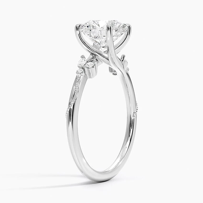 Perspective view of 1.8mm thin band round moissanite ring in white gold