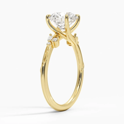 Profile view showing 1.8mm delicate band and prong setting on yellow gold moissanite ring