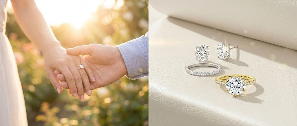 Novelle Vow fine jewellery: Elegant moissanite engagement rings, lab-grown diamond wedding bands, and sparkling stud earrings.