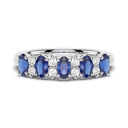 NOVELLE VOW front view of 3x5mm oval blue sapphire and round white sapphire alternating wedding band
