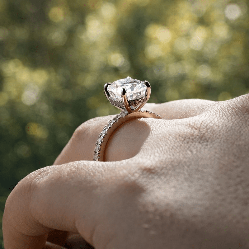 Oval Cut Moissanite Engagement Ring with Hidden Halo & Pavé Band - Novelle Vow