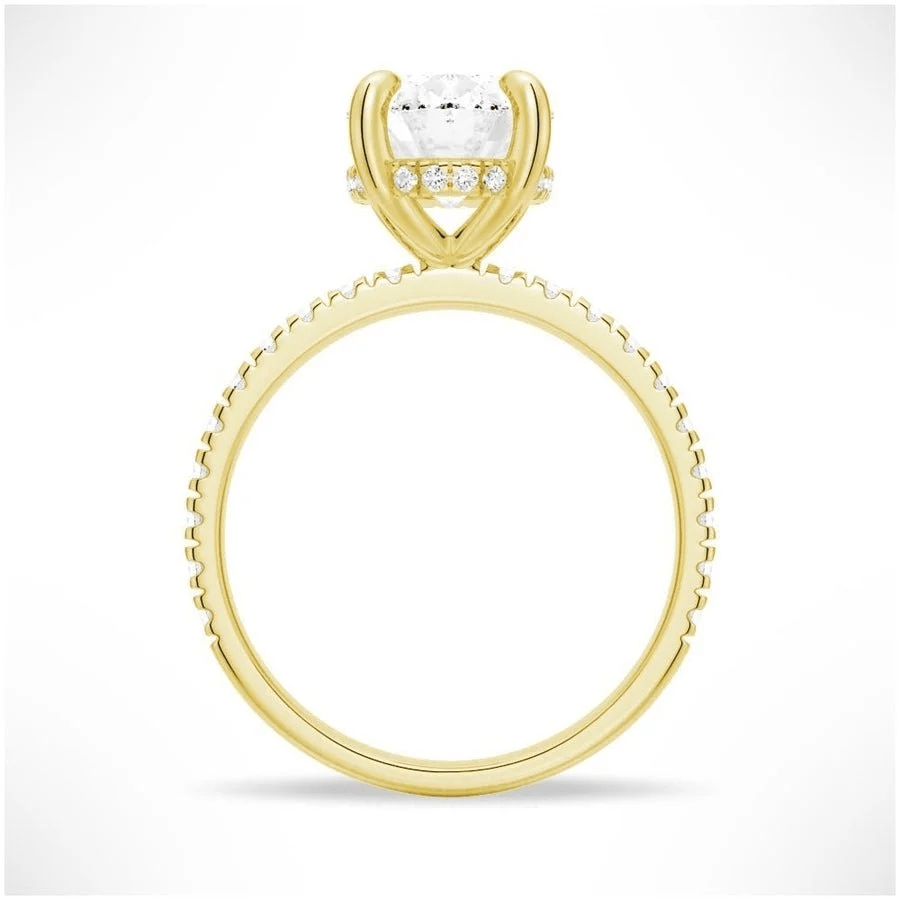 Profile view of Oval Cut Moissanite Engagement Ring with Hidden Halo & Pavé Band and 4 Prong Setting in Yellow Gold 