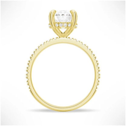 Profile view of Oval Cut Moissanite Engagement Ring with Hidden Halo & Pavé Band and 4 Prong Setting in Yellow Gold 