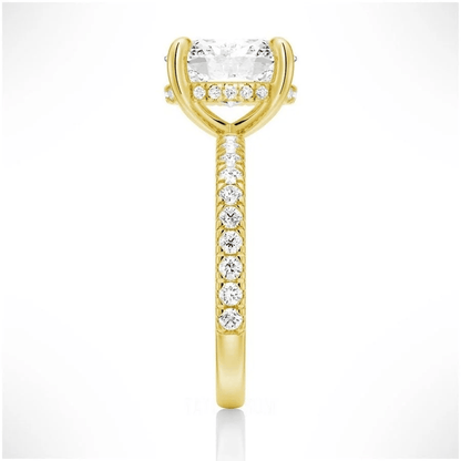 Side profile view of Oval Cut Moissanite Engagement Ring with Hidden Halo & Pavé Band and 4 Prong Setting in Yellow Gold
