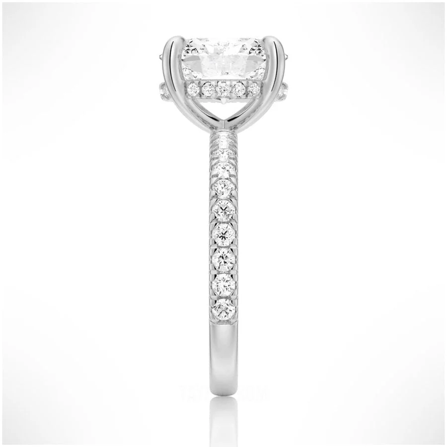 Side profile view of Oval Cut Moissanite Engagement Ring with Hidden Halo & Pavé Band and 4 Prong Setting in White Gold