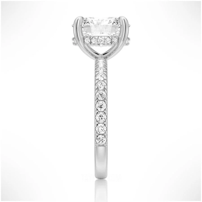 Side profile view of Oval Cut Moissanite Engagement Ring with Hidden Halo & Pavé Band and 4 Prong Setting in White Gold