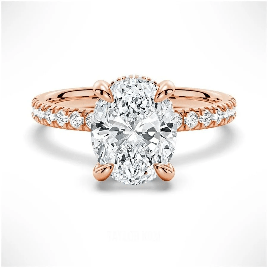 Oval Cut Moissanite Engagement Ring with Hidden Halo & Pavé Band and 4 Prong Setting in Rose Gold - Novelle Vow