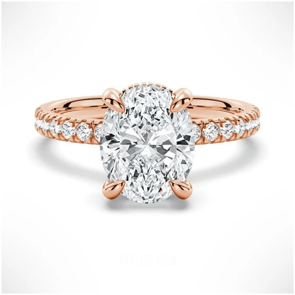 Oval Cut Moissanite Engagement Ring with Hidden Halo & Pavé Band and 4 Prong Setting in Rose Gold - Novelle Vow