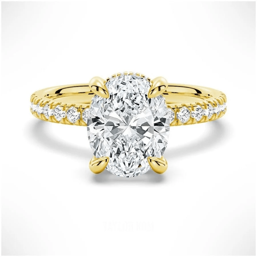 Oval Cut Moissanite Engagement Ring with Hidden Halo & Pavé Band and 4 Prong Setting in Yellow Gold - Novelle Vow