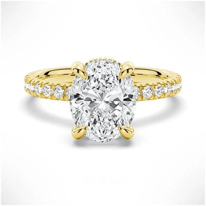 Oval Cut Moissanite Engagement Ring with Hidden Halo & Pavé Band and 4 Prong Setting in Yellow Gold - Novelle Vow
