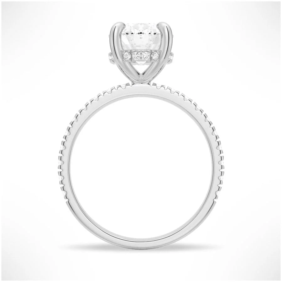 Profile view of Oval Cut Moissanite Engagement Ring with Hidden Halo & Pavé Band and 4 Prong Setting in White Gold