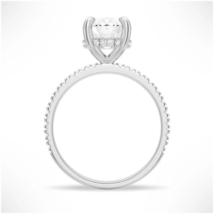 Profile view of Oval Cut Moissanite Engagement Ring with Hidden Halo & Pavé Band and 4 Prong Setting in White Gold