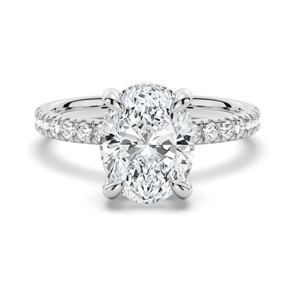 Oval Cut Moissanite Engagement Ring with Hidden Halo & Pavé Band and 4 Prong Setting in White Gold - Novelle Vow