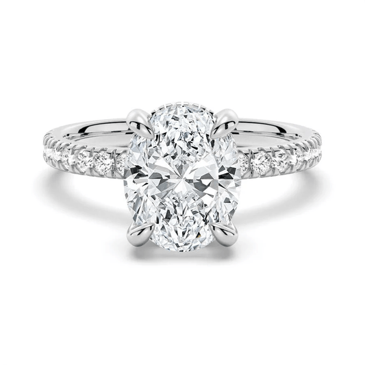 Oval Cut Moissanite Engagement Ring with Hidden Halo & Pavé Band and 4 Prong Setting in White Gold - Novelle Vow