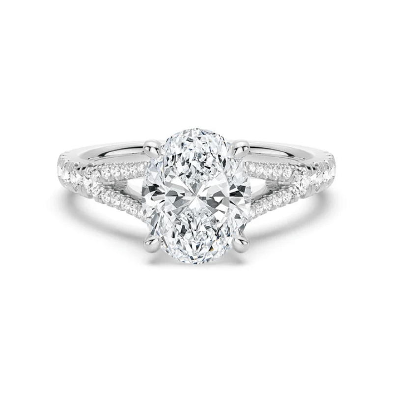 Oval Cut Moissanite Engagement Ring with Split Pavé Band in White Gold - Novelle Vow