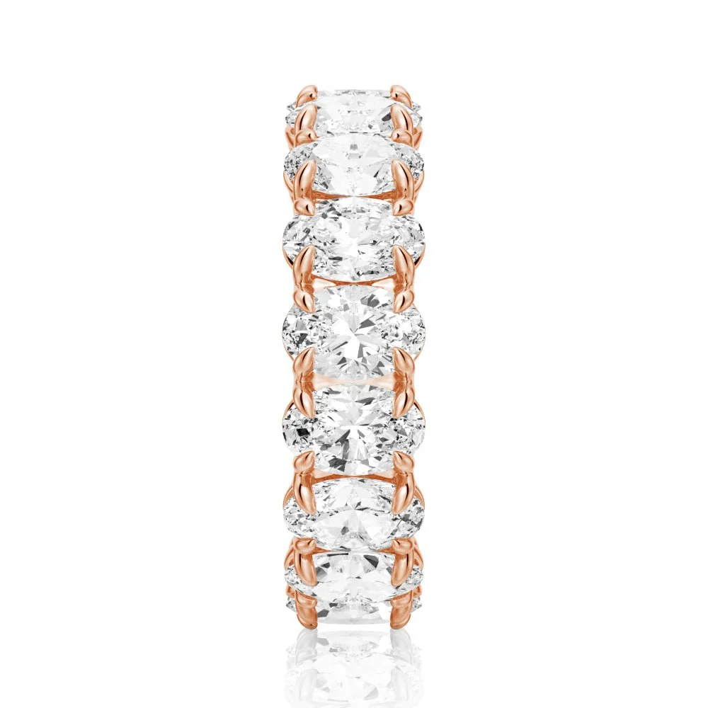 Vertical top view of rose gold oval moissanite eternity band