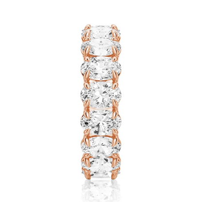 Vertical top view of rose gold oval moissanite eternity band
