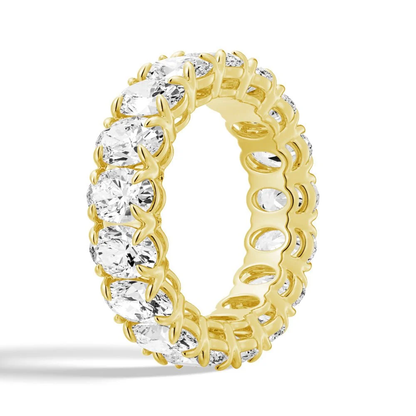 Vertical top view of yellow gold oval moissanite eternity band