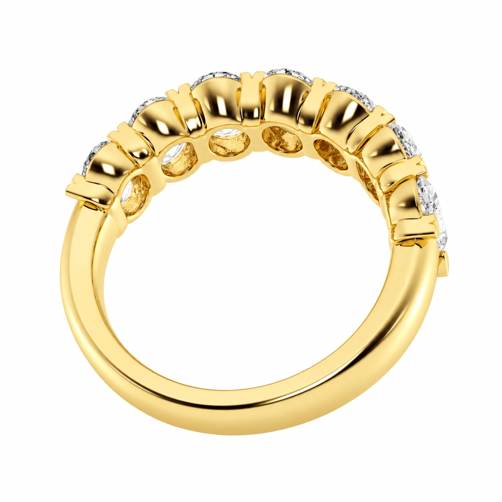Side undergallery profile view of yellow gold oval moissanite ring
