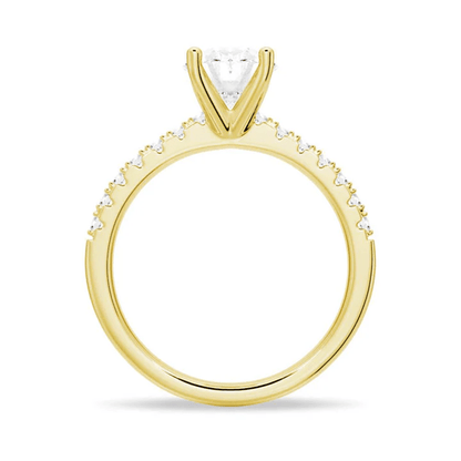 Profile view of Petite Oval Moissanite Engagement Ring with Micropavé Band in Yellow Gold