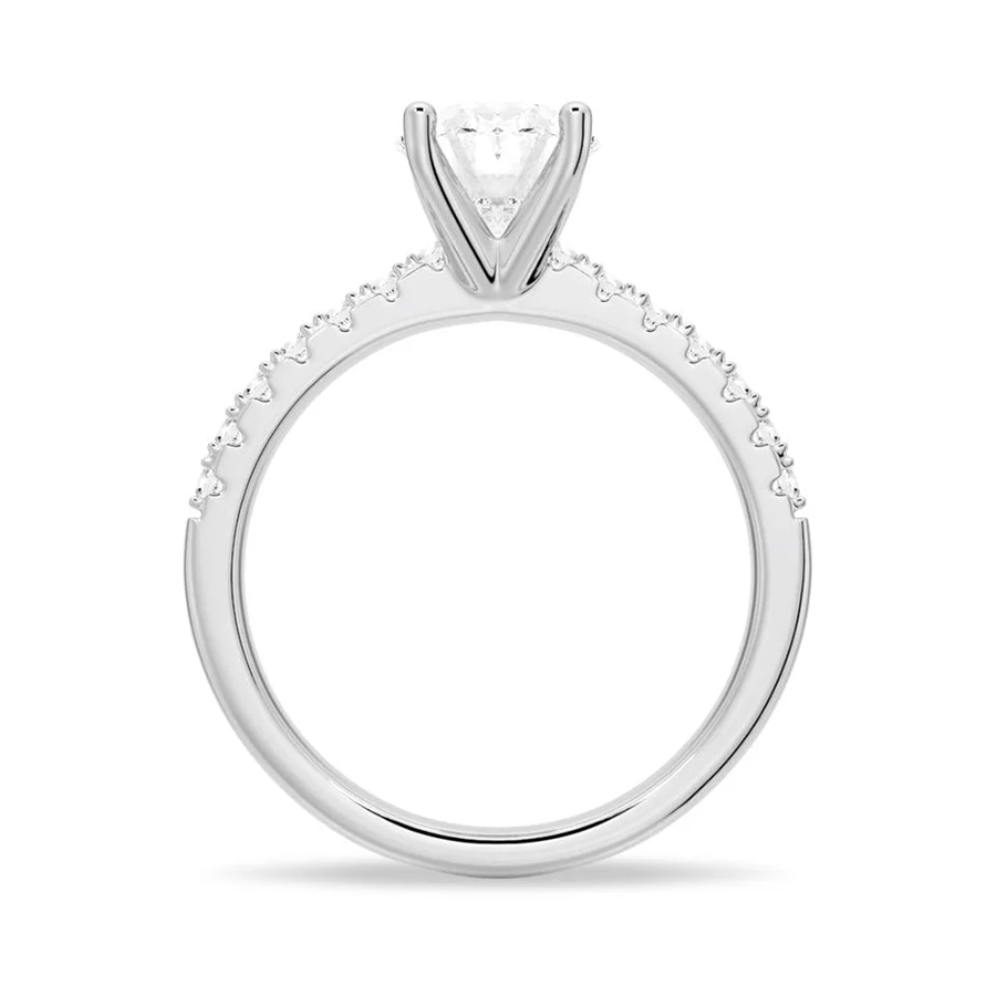 Profile view of Petite Oval Moissanite Engagement Ring with Micropavé Band in White Gold