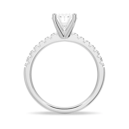 Profile view of Petite Oval Moissanite Engagement Ring with Micropavé Band in White Gold