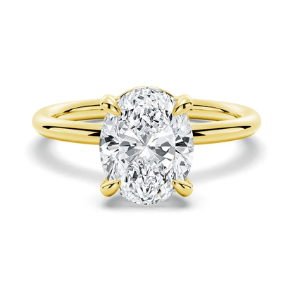 Oval cut lab grown diamond solitaire engagement ring in yellow gold front view by Novelle Vow