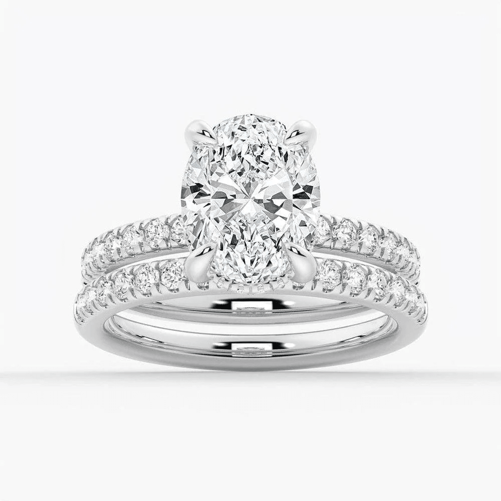 Oval Moissanite Engagement Ring and Pavé Wedding Band Set - Novelle Vow