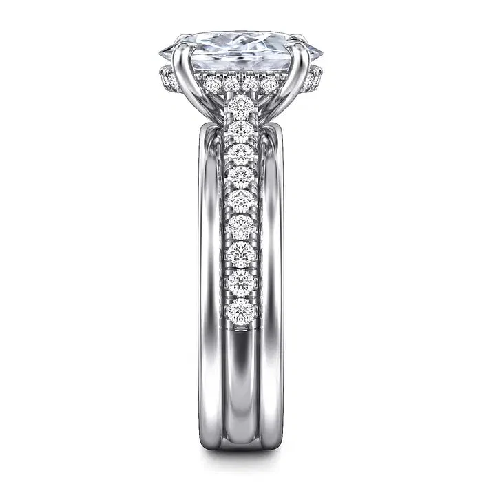 White gold oval moissanite ring direct side view showing hidden halo collar and pave band