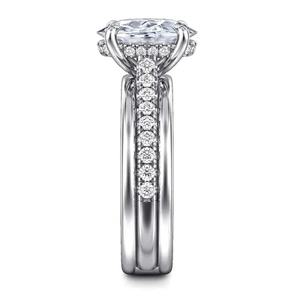 White gold oval moissanite ring direct side view showing hidden halo collar and pave band