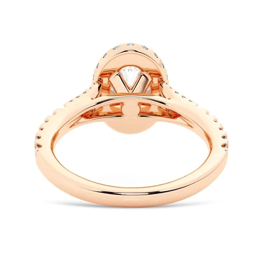 Rose gold oval halo moissanite ring perspective view highlighting under-gallery structure