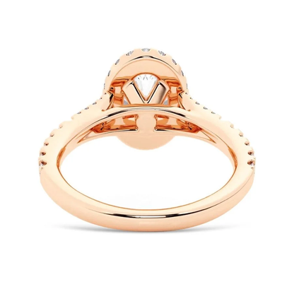 Rose gold oval halo moissanite ring perspective view highlighting under-gallery structure