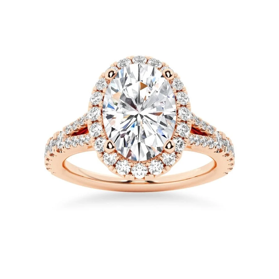 Rose gold oval moissanite engagement ring top view with sparkling halo and pave split shank-Novelle Vow