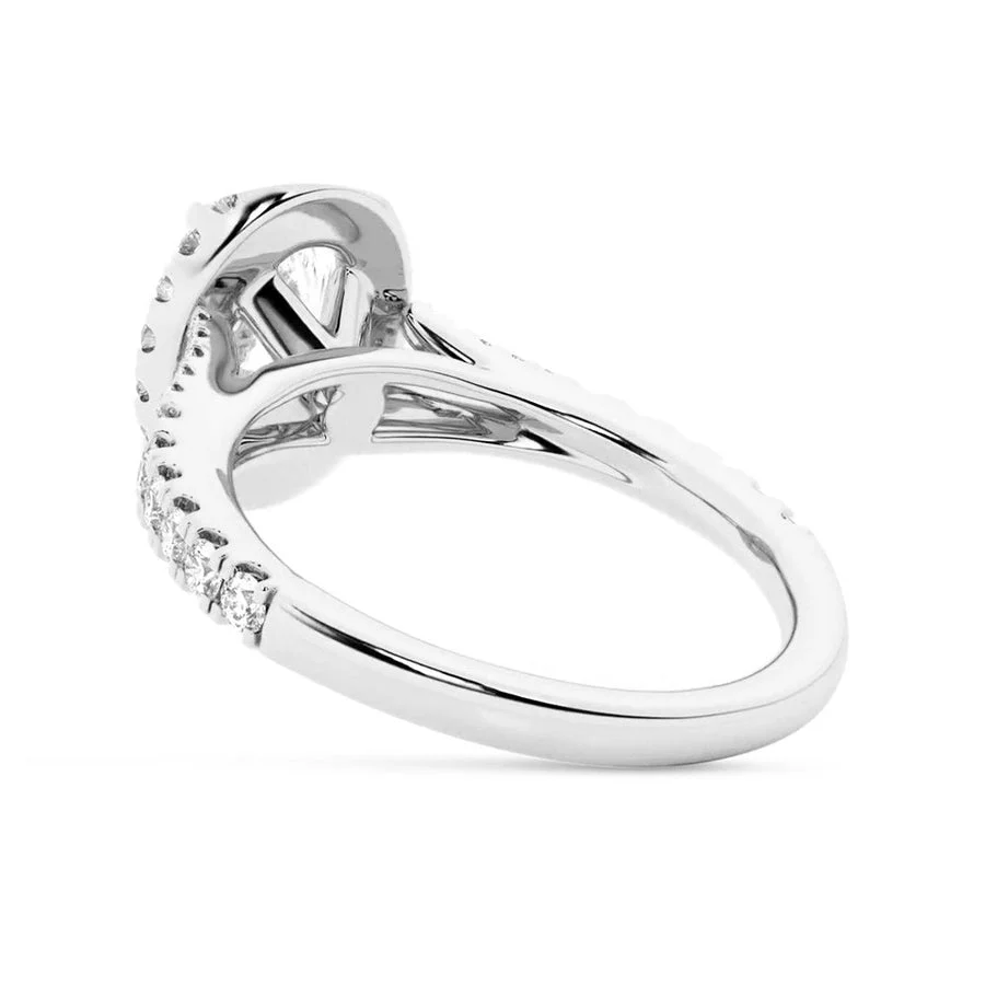 White gold oval moissanite ring direct side profile view showing under gallery and split shank