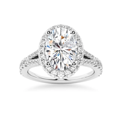 White gold oval moissanite engagement ring top view with sparkling halo and pave split shank-Novelle Vow