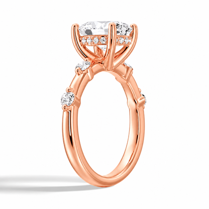 Rose gold oval moissanite engagement ring 3/4 perspective angle view