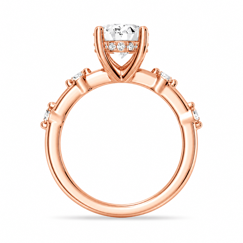 Rose gold oval moissanite engagement ring direct side profile view with hidden collar