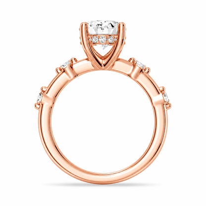 Rose gold oval moissanite engagement ring direct side profile view with hidden collar