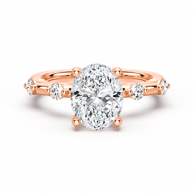 Rose gold oval moissanite engagement ring top view showcasing oval center stone