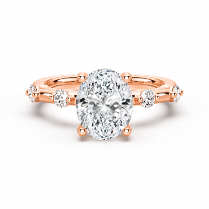 Rose gold oval moissanite engagement ring top view showcasing oval center stone