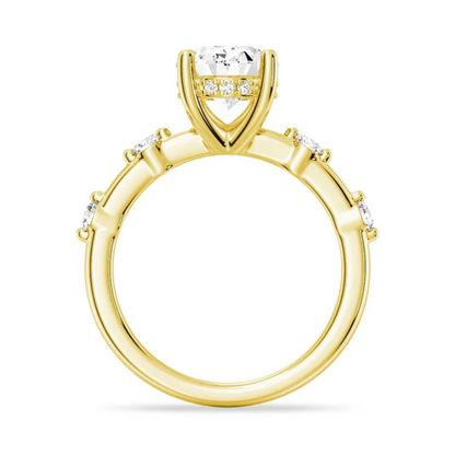 Yellow gold oval moissanite engagement ring direct side profile view with hidden halo and spaced diamond band