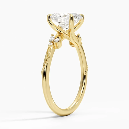Yellow gold oval moissanite ring 3/4 side angle displaying vine accents
